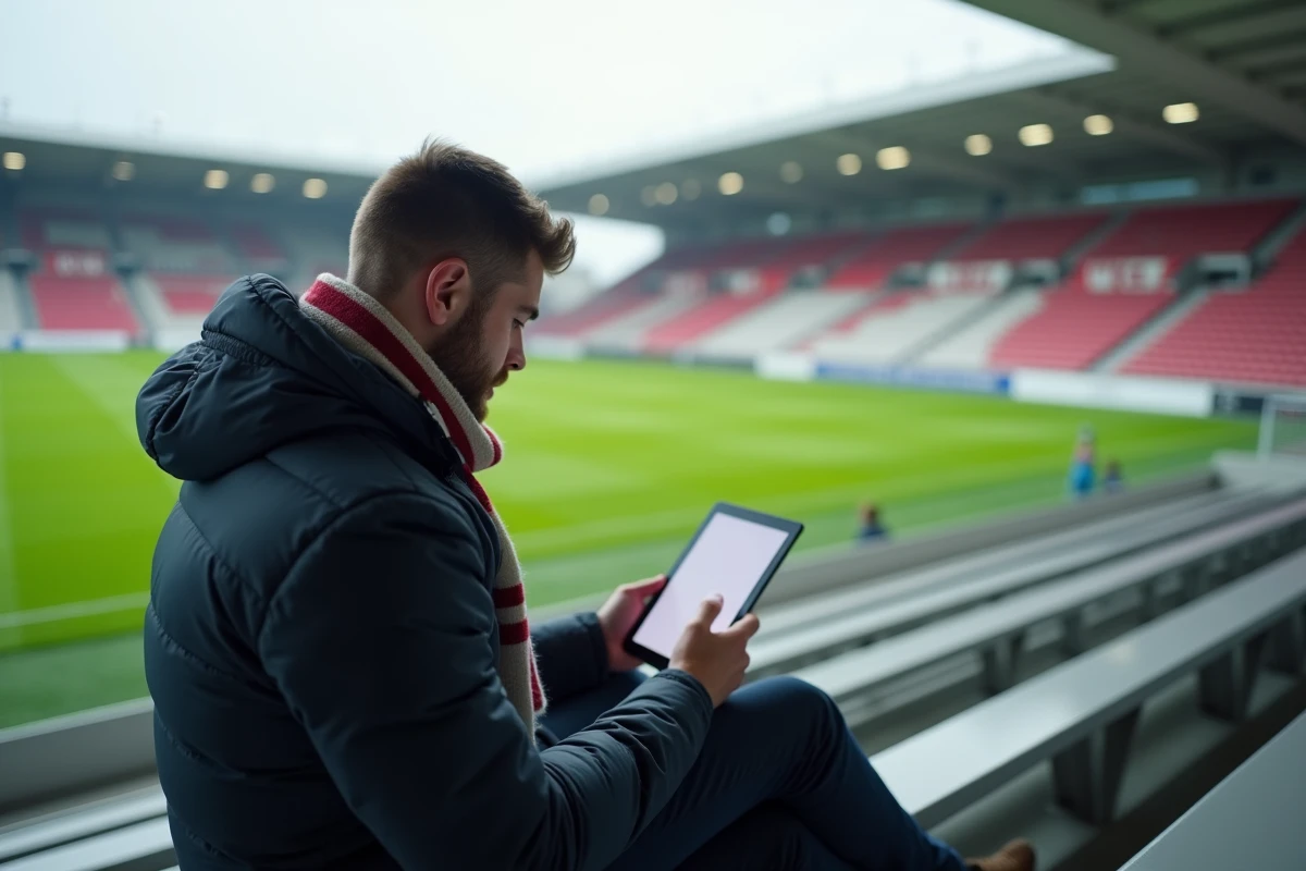 Jeune homme regardant résultats rugby sur tablette en extérieur