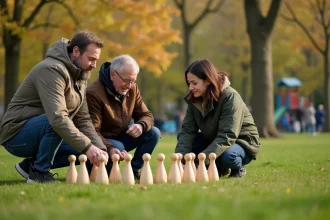 Deux hommes d'&acirc;ge moyen et une jeune femme jouent au M&ouml;lkky dans un parc urbain