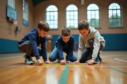 Jeunes sportifs mesurant un sol de gymnase scolaire