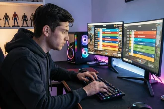 Joueur de League of Legends analysant la répartition des rangs sur ses écrans de jeu en 2026