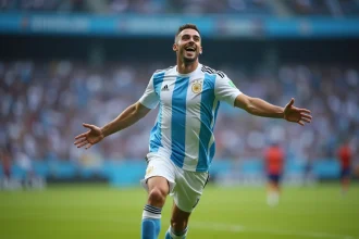Joueur de l'équipe nationale argentine célébrant un but les bras écartés sur un terrain de football avec le public en arrière-plan flou