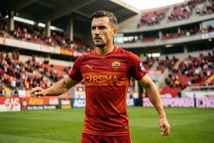 Joueur de l'AS Roma en maillot rouge et or lors d'un échauffement dans le stade, saison 2026
