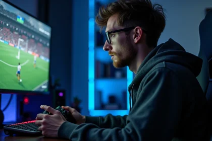 Jeune joueur configurant les touches de sa manette PlayStation pour jouer à FC 25 avec plus de fluidité