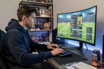 Joueur de football virtuel concentré devant son écran en train de gérer ses défis de création d'équipe sur FC 25