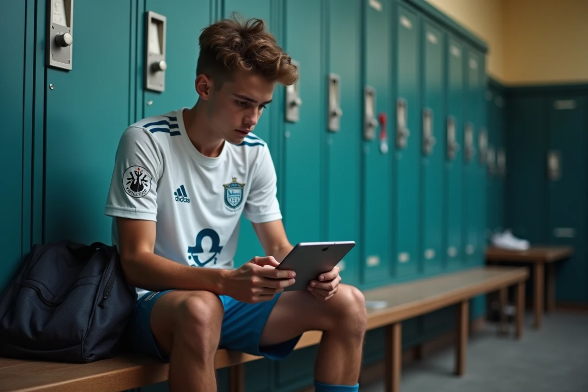 Jeune joueur de football consultant son espace Footclub FFF sur une tablette dans un vestiaire de club