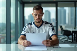 Joueur de football professionnel examinant un contrat de salaire dans les bureaux administratifs d'un club sportif moderne