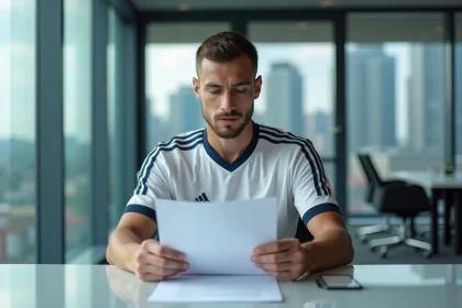 Joueur de football professionnel examinant un contrat de salaire dans les bureaux administratifs d'un club sportif moderne