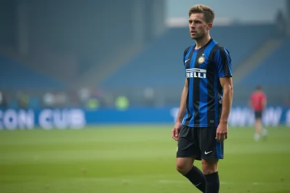 Joueur de l'Inter Milan en maillot rayé noir et bleu lors d'une séance d'entraînement, regard concentré sur le terrain