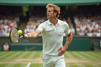 Joueur de tennis en action lors d'un service vintage