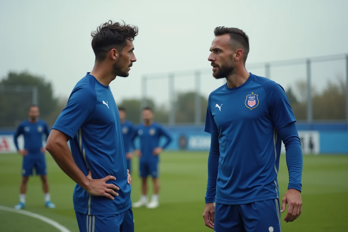 Deux joueurs du FC Porto discutant tactiquement en marge de l'entraînement, contexte d'analyse des performances