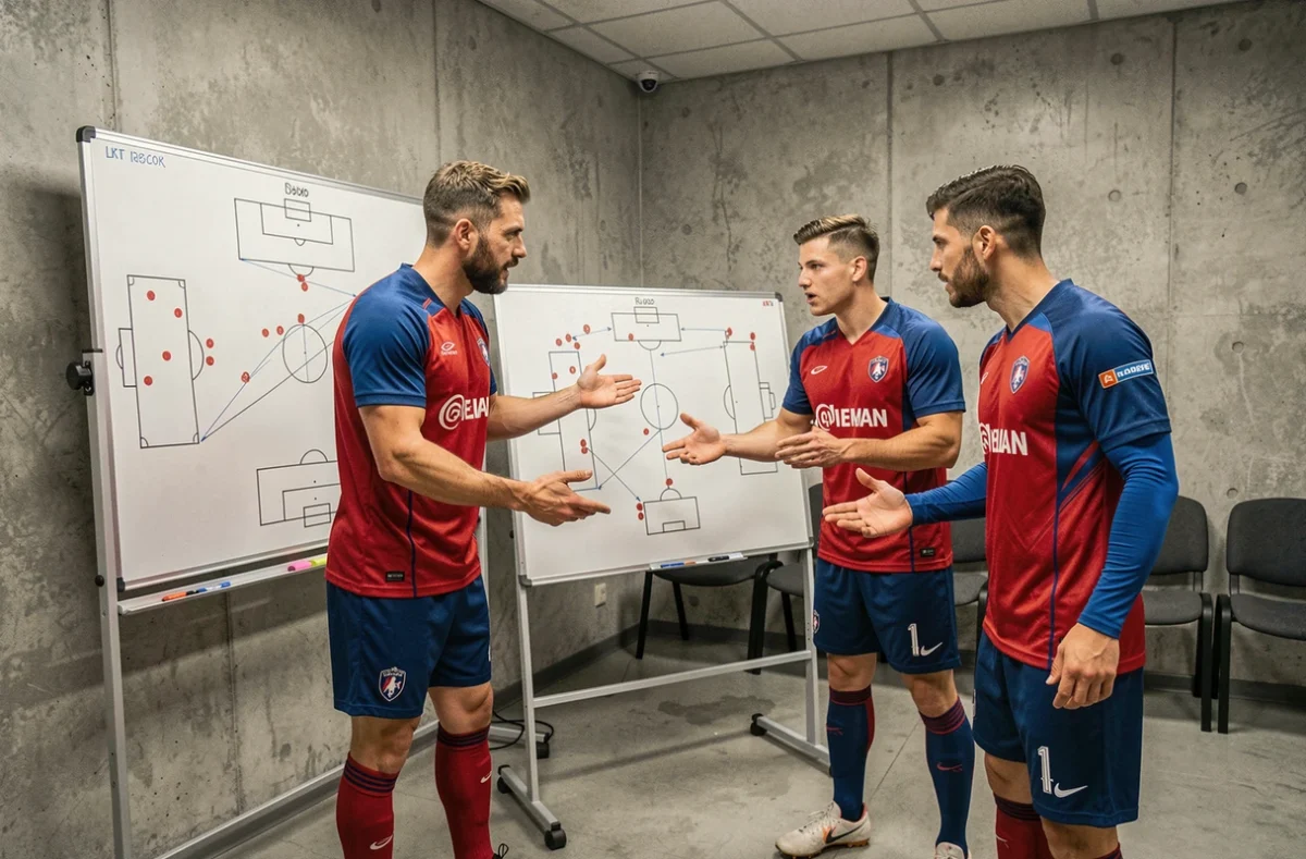 Joueurs du PSG analysant la composition et le système tactique de l'équipe avant un match du soir