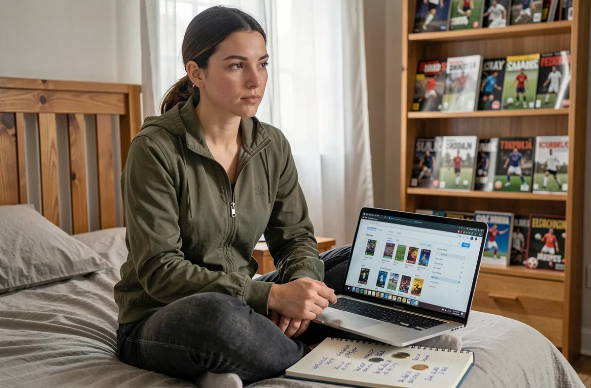 Joueuse analyseant les coûts des défis de création d'équipe FC 25 sur son ordinateur portable dans sa chambre