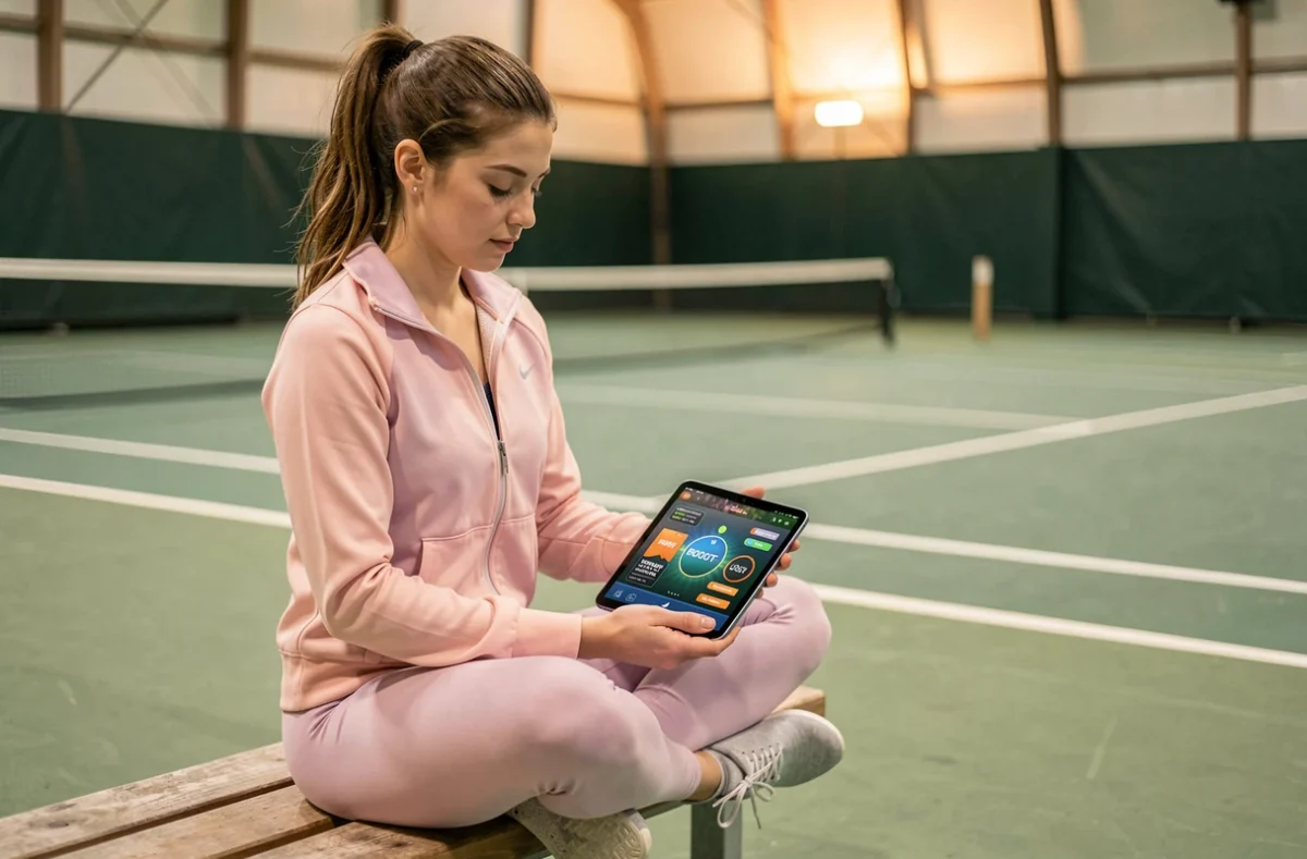 Joueuse de tennis utilisant une tablette pour accéder à des boosts et récompenses dans un jeu de tennis mobile en salle