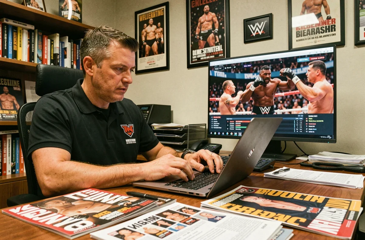 Journaliste sportif analysant les actualités de catch TNA et WWE à son bureau