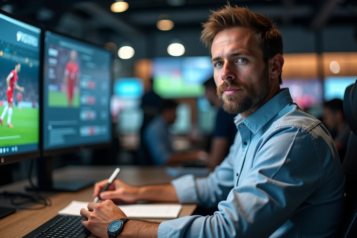 Journaliste sportif dans une salle de rédaction moderne effectuant des recherches sur un joueur de football, contexte médias sportifs et origine des joueurs