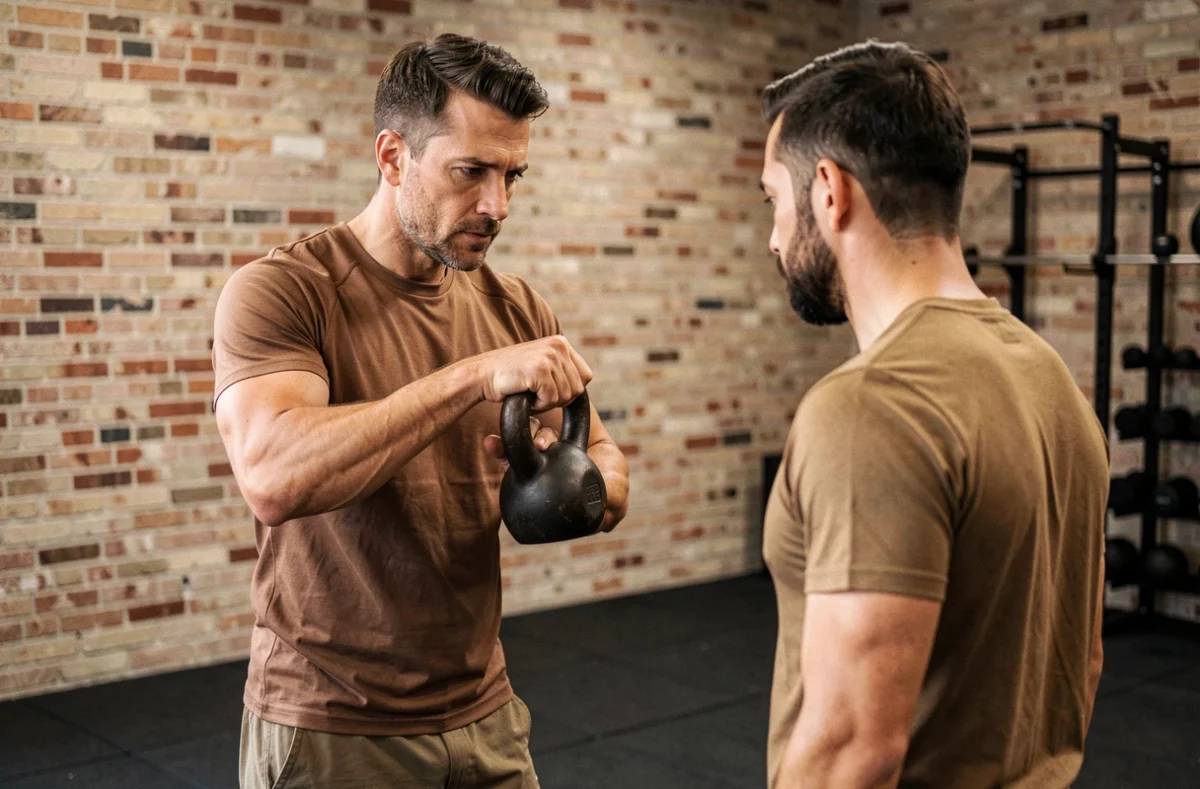 Coach de La Voie De L'Entraînement démontrant une technique de kettlebell dans un studio de sport parisien