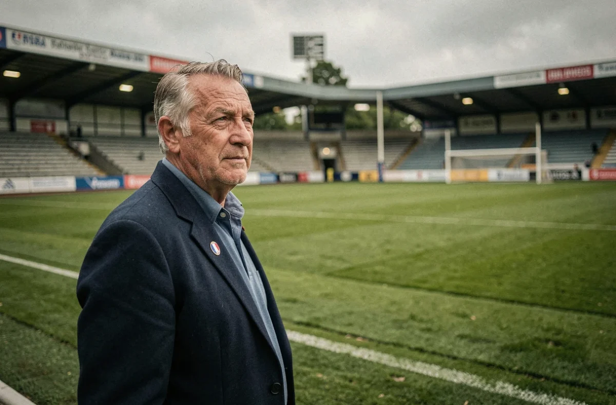 Légende du rugby français en blazer bleu contemplant un terrain d'entraînement dans un stade régional français