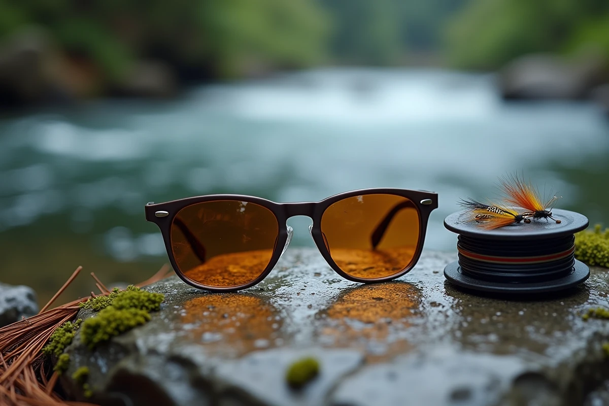 Gros plan de lunettes de pêche polarisantes posées sur un rocher en granit au bord d'une rivière avec du matériel de pêche à la mouche