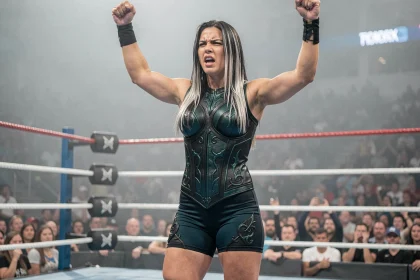 Lutteuse professionnelle en tenue de combat noire et sarcelle célébrant une victoire dans un ring de catch professionnel