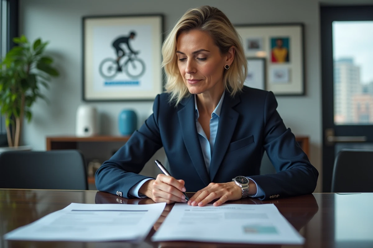 Femme gestionnaire d equipe cyclisme examinant des contrats