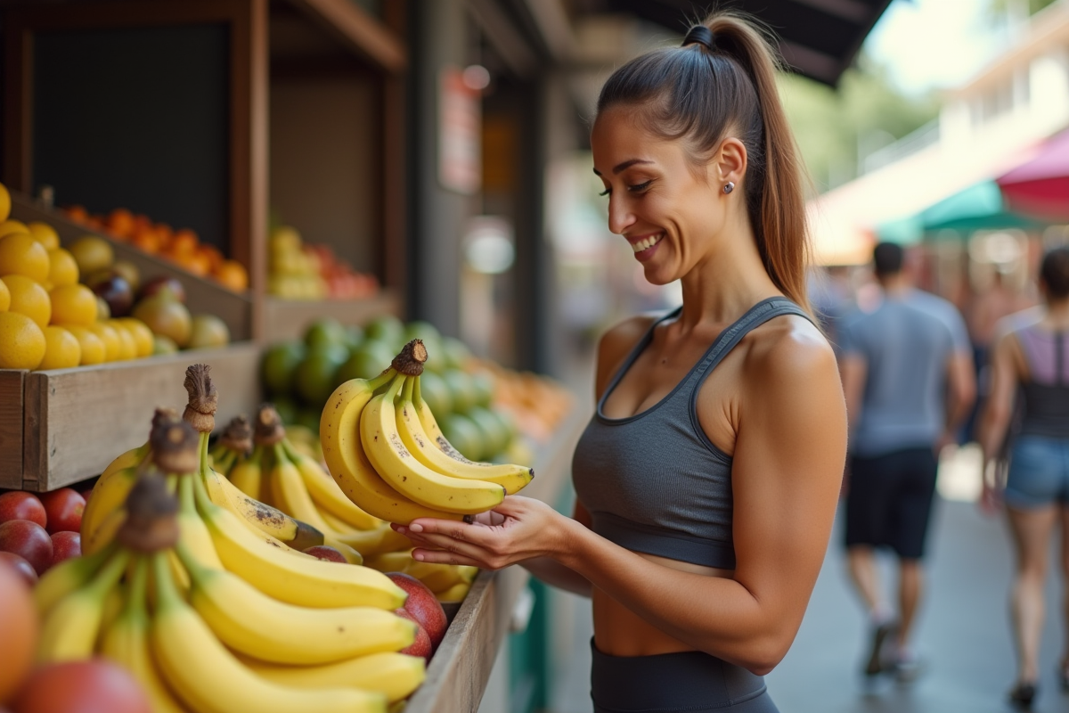Femme sélectionnant des bananes dans un marché animé