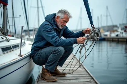 Marin expérimenté inspectant le gréement d'un voilier amarré dans un port de plaisance, technique de maintenance nautique