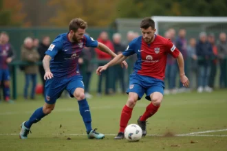 Duel de joueurs de football amateur lors d'un match du district de l'Aisne un dimanche matin