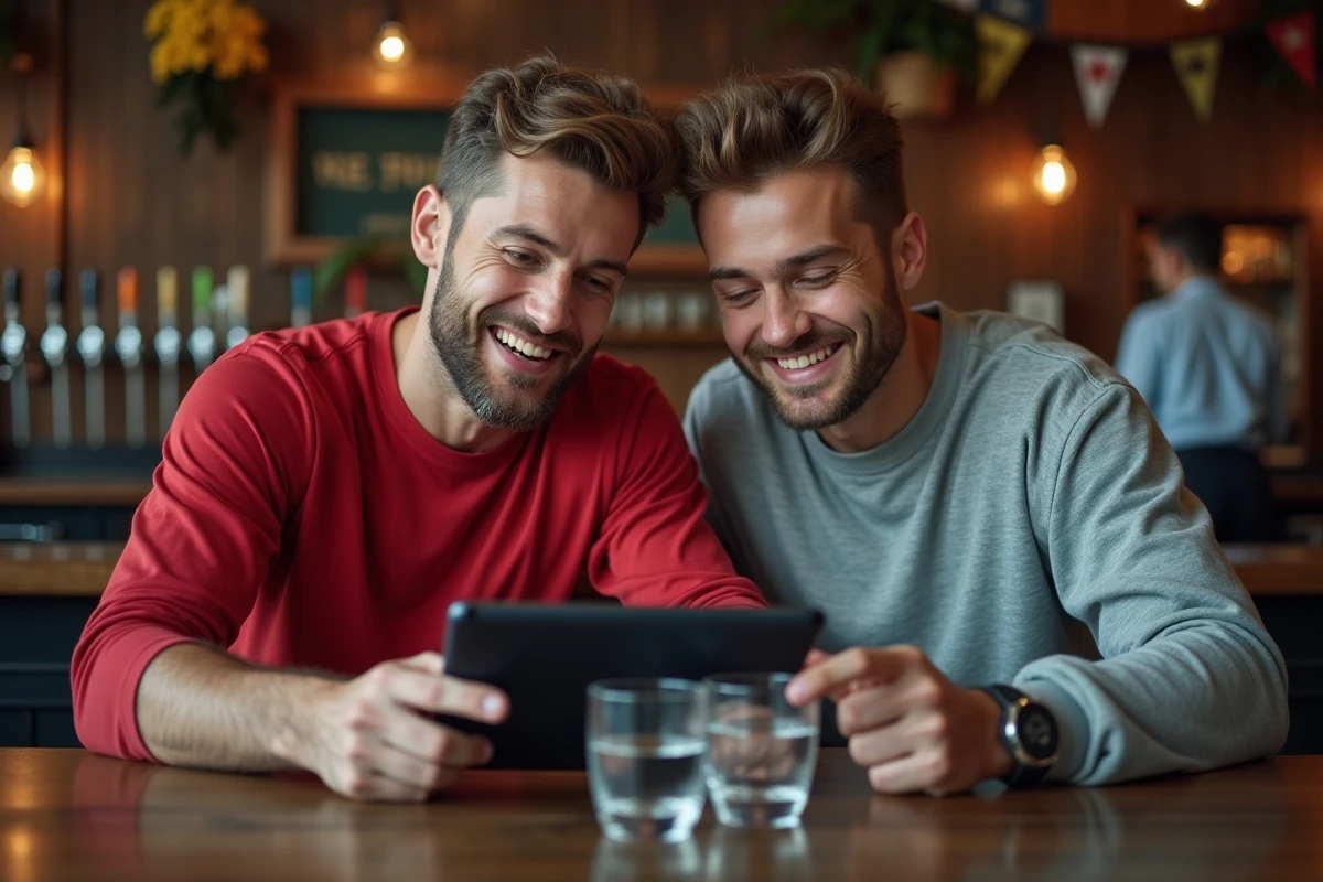 Deux amis regardant un match de Ligue des champions en streaming sur une tablette dans un bar sportif