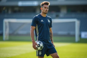 Jeune footballeur professionnel en tenue d'entraînement sur un terrain de football, illustrant un article sur Matthis Abline et ses origines familiales