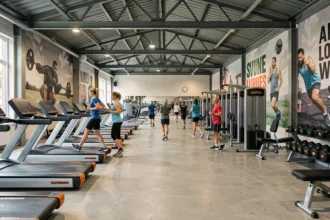 Vue panoramique d'une salle de fitness moderne dans les Hauts-de-France avec équipements variés et adhérents en plein entraînement