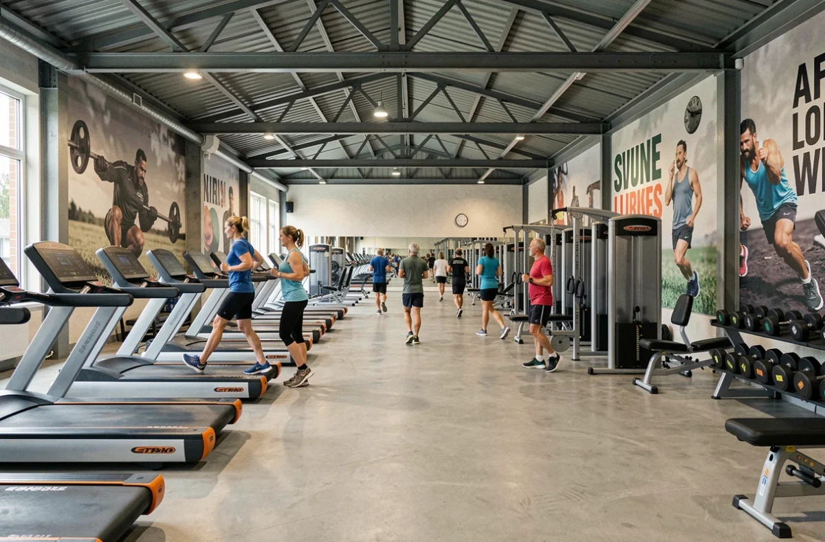 Vue panoramique d'une salle de fitness moderne dans les Hauts-de-France avec équipements variés et adhérents en plein entraînement