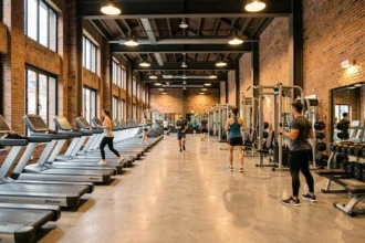 Vue panoramique d'une salle de fitness moderne à Paris avec équipements haut de gamme et ambiance urbaine