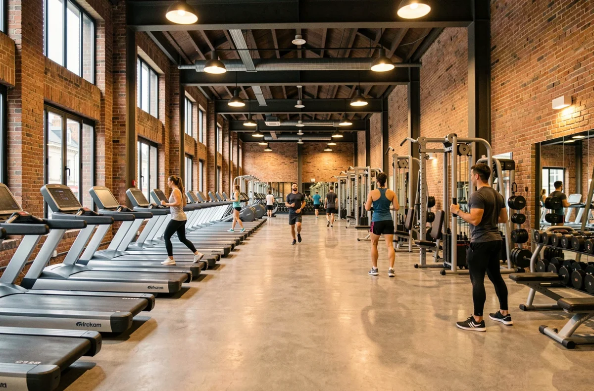 Vue panoramique d'une salle de fitness moderne à Paris avec équipements haut de gamme et ambiance urbaine