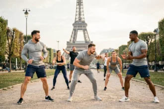 Coachs sportifs et clients s'entraînant en plein air à Paris avec la Tour Eiffel en arrière-plan