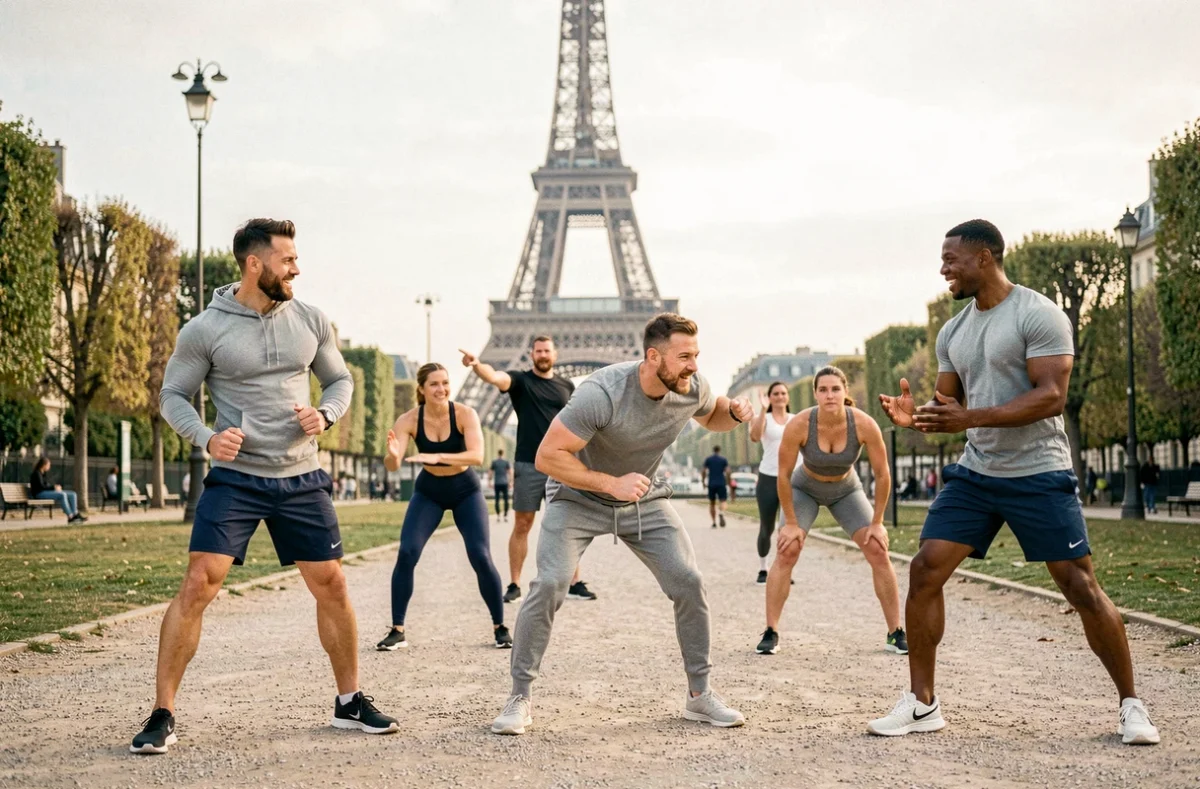 Coachs sportifs et clients s'entraînant en plein air à Paris avec la Tour Eiffel en arrière-plan