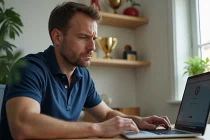 Homme frustré devant un écran de connexion avec message d'erreur de mot de passe sur un site de football
