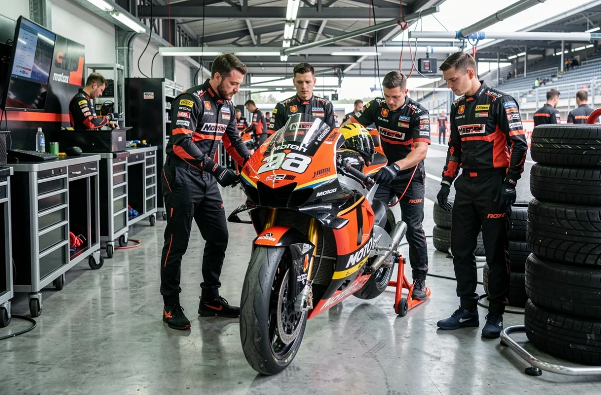 Moto MotoGP dans un garage de stand avec mécaniciens en tenue officielle lors d'une séance d'essais 2026