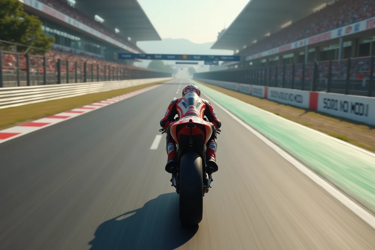 Moto GP en pleine accélération sur la ligne droite du circuit, pilote à plat sur le réservoir pour optimiser l'aérodynamisme et la vitesse maximale