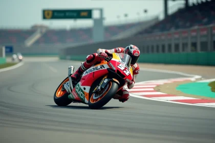 Moto GP en plein virage sur circuit, angle d'inclinaison extrême avec le genou au sol et vitesse de pointe visible dans le flou de mouvement