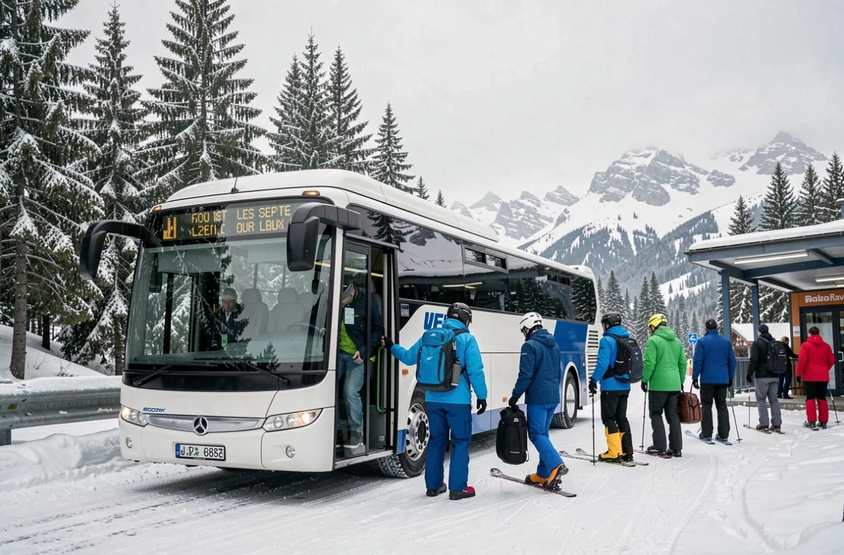 Navette de ski moderne desservant la station des Sept Laux dans les Alpes françaises avec des voyageurs en tenue hivernale