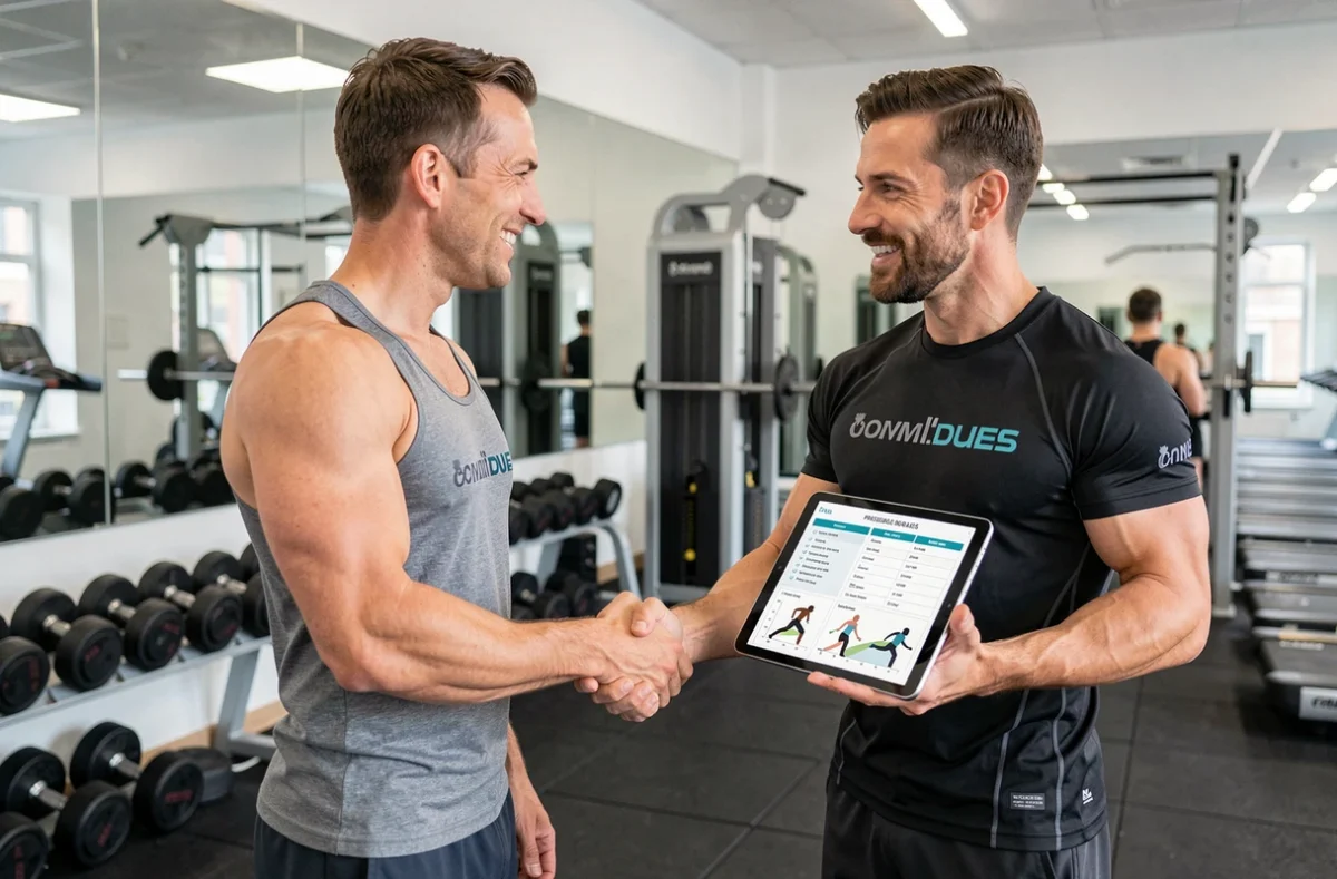 Coach personnel Ownsport accueillant un client dans une salle de sport moderne à Paris avec une tablette de planification