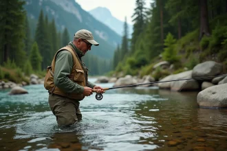 Pêcheur à la mouche portant des lunettes polarisantes en rivière de montagne, observant le fond de l'eau pour repérer les truites