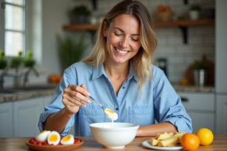 Jeune femme préparant un petit déjeuner riche en protéines