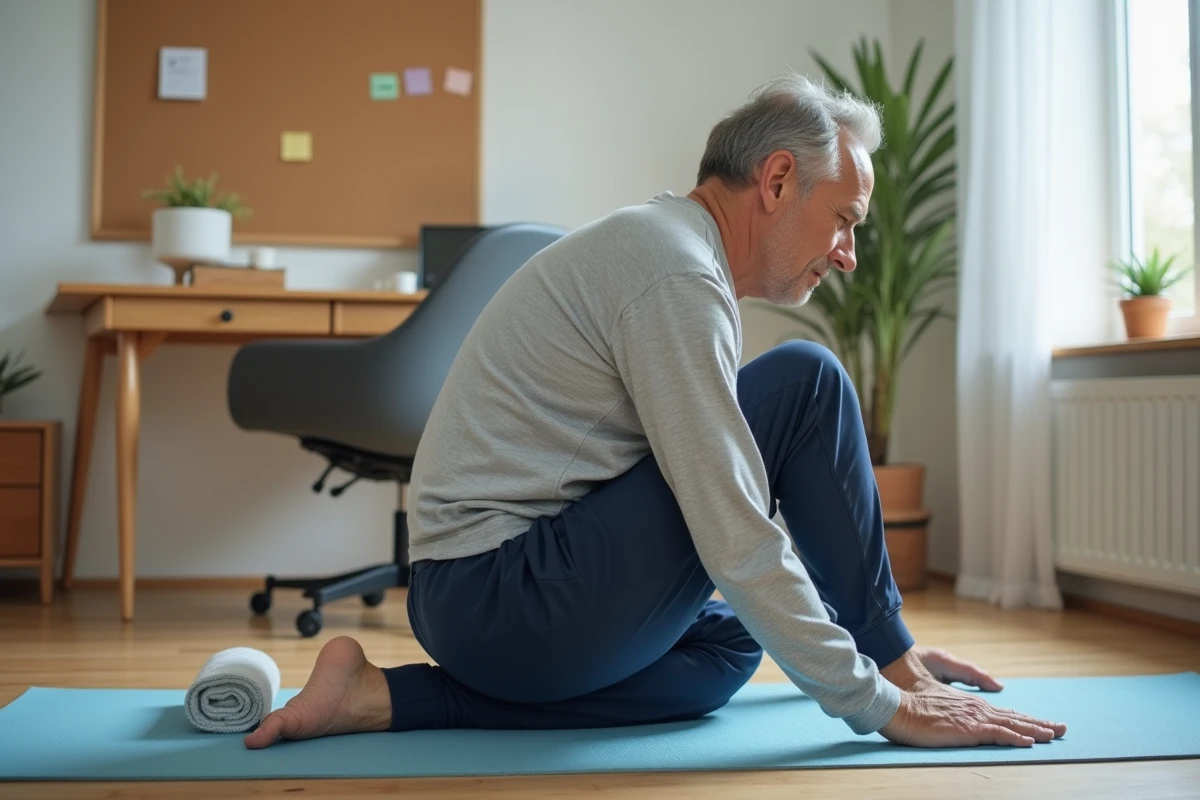 Homme faisant un étirement de Pilates pour soulager les tensions dorsales dans un espace de travail à domicile