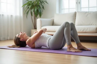 Femme pratiquant un exercice de Pilates pour le dos sur un tapis de yoga violet dans un salon lumineux