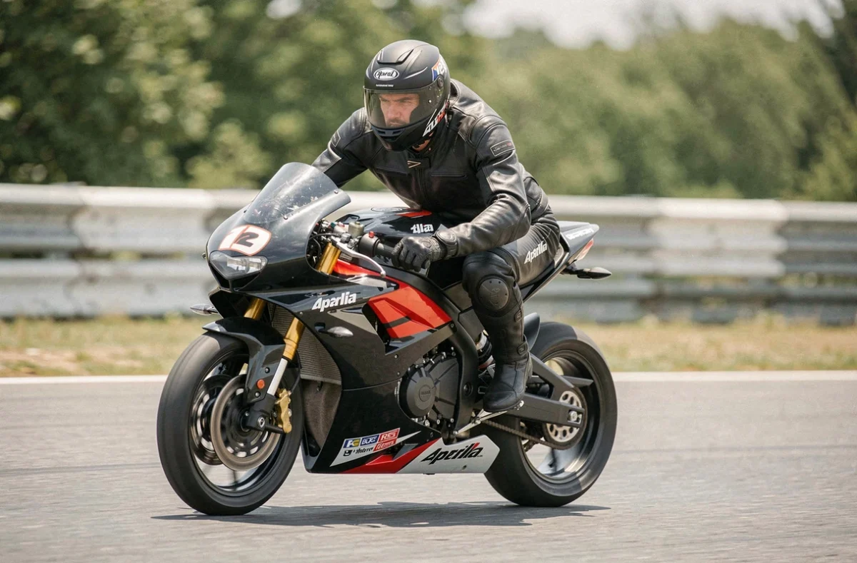 Motard en combinaison cuir noir en position de conduite racing sur Aprilia RS 125 en plein virage sur circuit