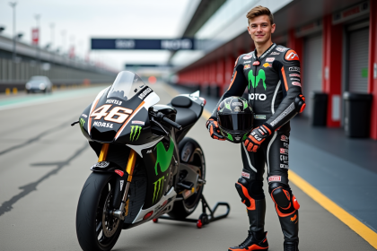 Jeune pilote moto2 avec casque et moto en paddock