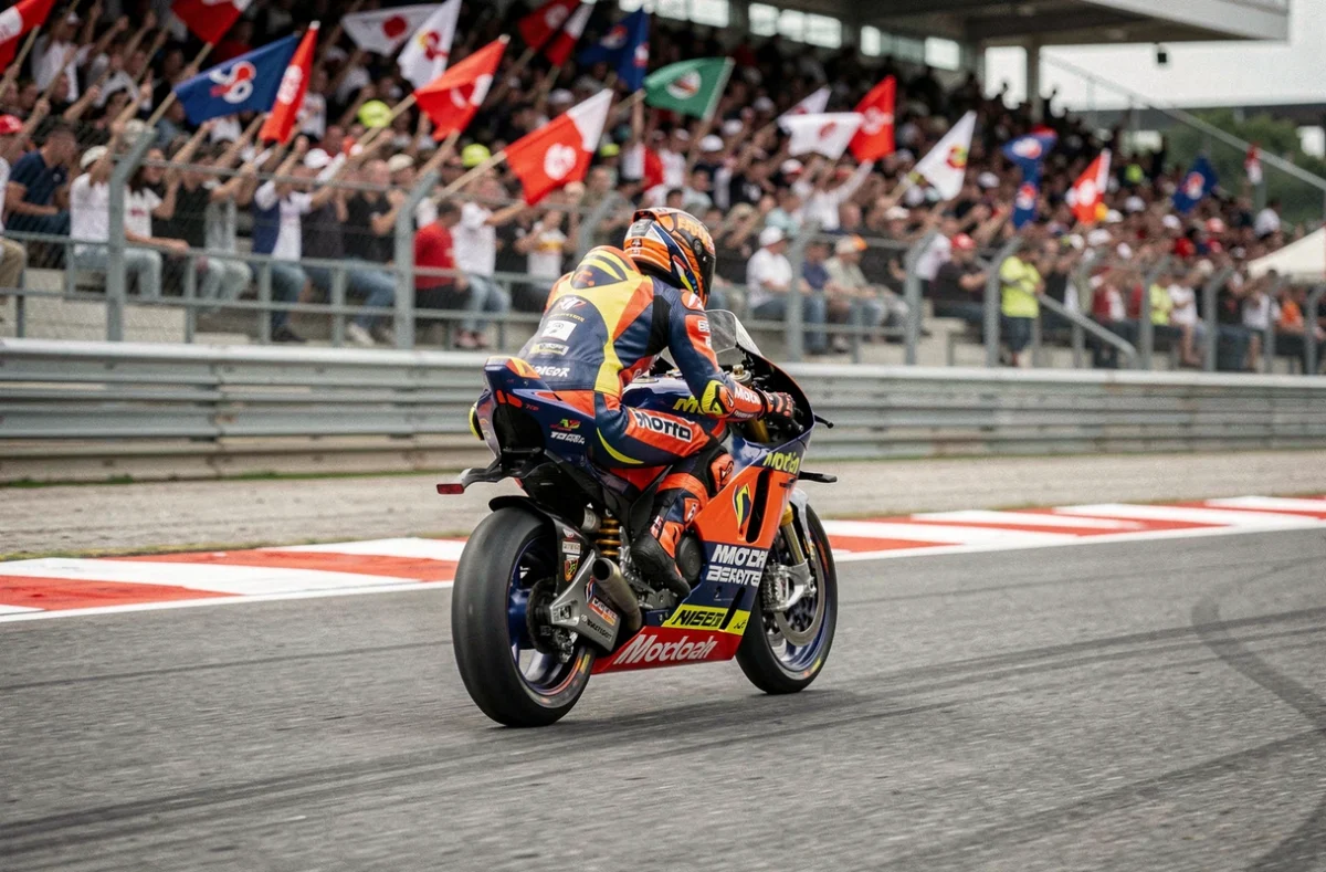 Pilote MotoGP en pleine course sur circuit lors du calendrier 2026 avec tribune pleine de spectateurs