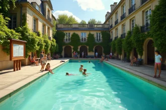 Piscine des Buttes aux Cailles à Paris en été avec nageurs et panneau d'horaires