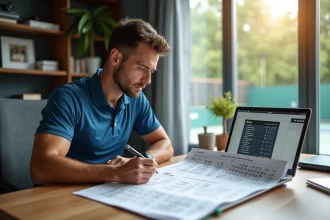 Joueur de padel planifiant sa saison 2026 devant un calendrier de tournois et un ordinateur portable affichant un classement P100